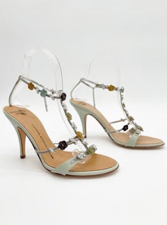 Sandali Giuseppe Zanotti Vintage con cinturino a T e motivo floreale in cristallo verde menta, taglia US 7,5