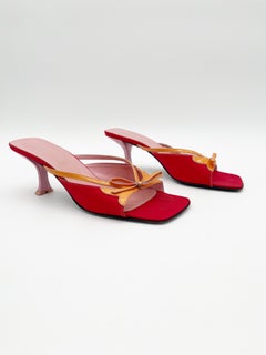 Prada Vintage y2k Red Orange Colorblock Patent Bow Square Toe Mule Heels IT 40