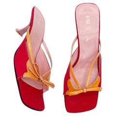 Prada Vintage y2k Red Orange Colorblock Patent Bow Square Toe Mule Heels IT 40