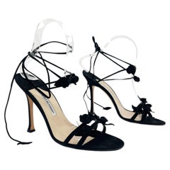 Manolo Blahnik 90s Vintage Black Suede Rosette Lace Up Heels Sandals IT 38.5