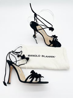 Manolo Blahnik 90s Vintage Black Suede Rosette Lace Up Heels Sandals IT 38.5