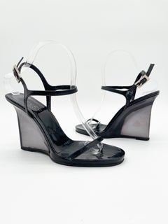 Gucci Vintage S/S 1998 Tom Ford Black Leather Lucite Wedge Sandals Heels US 9.5