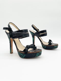 Prada S/S 2009 Runway Black Green Python Leather Platform Sandals Heels IT 40.5