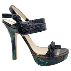 Prada S/S 2009 Runway Black Green Python Leather Platform Sandals Heels IT 40.5