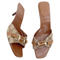 Gucci Vintage Brown Tan GG Monogram Horsebit Chain Canvas Mule Heels US 8.5