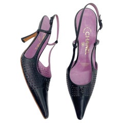 Chanel Vintage Black Perforated Leather CC Logo Slingback Pumps Heels EU 36