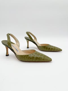 Manolo Blahnik Vintage Green Alligator Leather Carolyne Slingback Heels IT 36.5