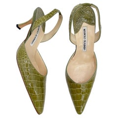 Manolo Blahnik Vintage Green Alligator Leather Carolyne Slingback Heels IT 36.5