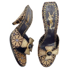 Yves Saint Laurent Vintage Y2K Casablanca 85 Sandali con tacco in broccato dorato, taglia EU 37