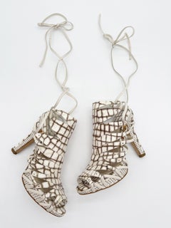 Dior Vintage S/S 2009 Runway Galliano White Croc Embossed Safari Sandals EU 36.5