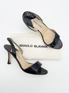 Manolo Blahnik Vintage Black Croc Glossy Leather Slingback Sandals Heels IT 39