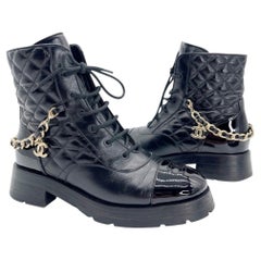 Chanel Black Quilted Patent Cap Toe Leather CC Chain Ankle Combat Boots EU 39.5