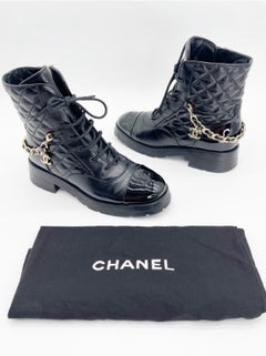 Chanel Black Quilted Patent Cap Toe Leather CC Chain Ankle Combat Boots EU 39.5