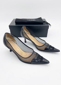 Chanel Vintage Black Mesh Leather CC Cap Toe Pointed Toe Pumps Heels EU 36