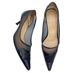 Chanel Vintage Black Mesh Leather CC Cap Toe Pointed Toe Pumps Heels EU 36