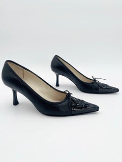 Chanel Vintage Black Leather Patent Cap Toe CC Bow Pointed Toe Pumps Heels EU 36