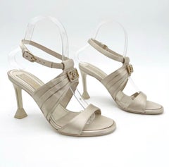 Chanel S/S 2023 Beige Satin Crystal CC Logo Ankle Strap Sandal Heels EU 36
