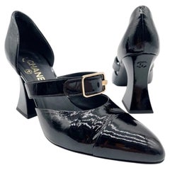 Chanel Black Patent Leather Cap Toe CC Mary Jane D'Orsay Flared Heel Pumps EU 39