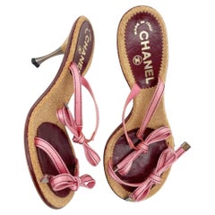 Chanel Vintage Pink Double Strap Satin Bow Cork Sole Slide Sandal Heels EU 37.5