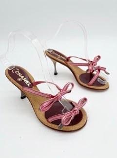 Chanel Vintage Pink Double Strap Satin Bow Cork Sole Slide Sandal Heels EU 37.5