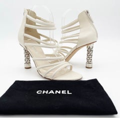 Chanel Ivory Leather Caged Coco Tower Chain Link Heel Ankle Zip Sandals EU 39