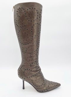 Jimmy Choo Vintage Y2K Bronze Floral Eyelet Pointed Toe Knee High Boots IT 39