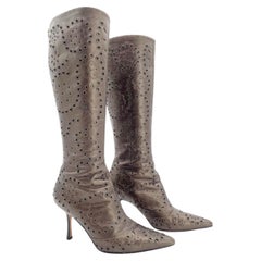 Jimmy Choo Vintage Y2K Bronze Floral Eyelet Pointed Toe Knee High Boots IT 39