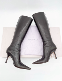 Jimmy Choo Peony Coffee Brown Leather Pointed Square Toe Knee High Boots IT 36