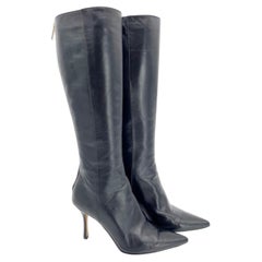 Jimmy Choo Classic Black Leather Pointed Toe Knee High Stiletto Boots IT 36.5