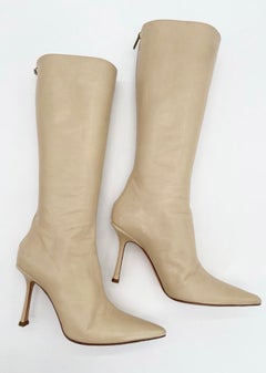 Jimmy Choo Vintage Y2K Beige Leather Pointed Toe Knee High Heeled Boots IT 38.5