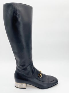 Gucci Mister Knee High Black Leather Horsebit Crystal Heel Riding Boots EU 39