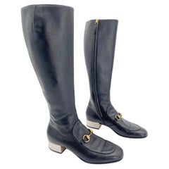 Gucci Mister Knee High Black Leather Horsebit Crystal Heel Riding Boots EU 39