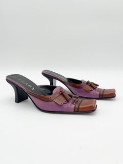Prada Vintage Purple Brown Leather Kiltie Tassel Square Toe Mule Heels IT 38