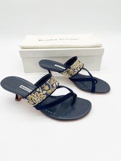 Manolo Blahnik Navy Blue Suede Gold Floral Thong Slide Sandals Heels IT 37