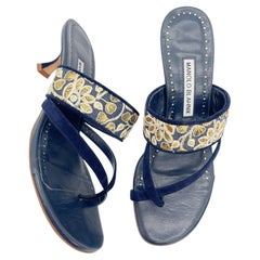 Manolo Blahnik Navy Blue Suede Gold Floral Thong Slide Sandals Heels IT 37