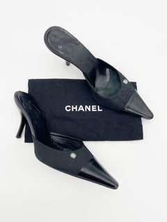Chanel Vintage Black CC Jacquard Fabric Leather Cap Toe Mule Heels EU 38