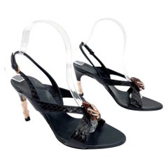 Gucci 2004 Tom Ford Black Python Snakeskin Serpent Head Bamboo Heel Sandals US 6