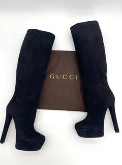 Gucci Black Suede Square Toe Platform Knee High Stiletto Heeled Boots IT 38.5