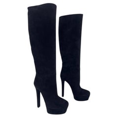 Gucci Black Suede Square Toe Platform Knee High Stiletto Heeled Boots IT 38.5