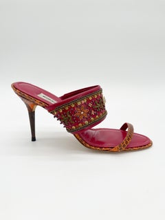Manolo Blahnik Vintage Fuchsia Pink Beaded Sequin Snakeskin Sandals Heels IT 39