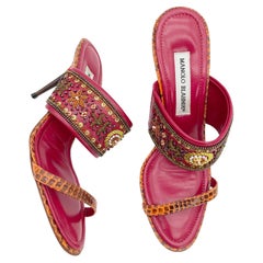 Manolo Blahnik Vintage Fuchsia Pink Beaded Sequin Snakeskin Sandals Heels IT 39