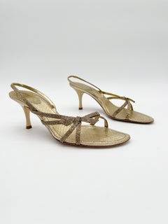 Rene Caovilla Vintage Gold Crystal Embellished Strappy Bow Slingback Heels IT 40