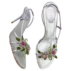 Rene Caovilla Vintage Lavender Metallic Snakeskin Garden Floral Sandals IT 40