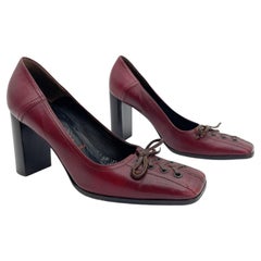 Miu Miu Vintage 90s Burgundy Leather Lace Up Square Toe Block Heel Pumps IT 38