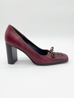 Miu Miu Vintage 90s Burgundy Leather Lace Up Square Toe Block Heel Pumps IT 38