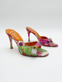 Dior Vintage Galliano Era Multicolor Floral Print Padlock Key Mule Heels EU 36