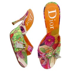 Dior Vintage Galliano Era Multicolor Floral Print Padlock Key Mule Heels EU 36