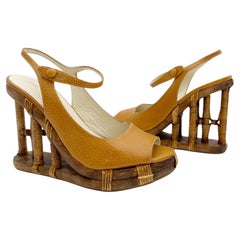 Prada Vintage S/S 2006 Runway Camel Bamboo Cage Wedge Slingback Sandals IT 37.5