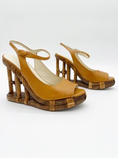 Prada Vintage S/S 2006 Runway Camel Bamboo Cage Wedge Slingback Sandals IT 37.5