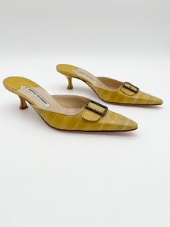Manolo Blahnik Vintage Mustard Eel Skin Buckle Pointed Toe Mule Heels IT 40.5